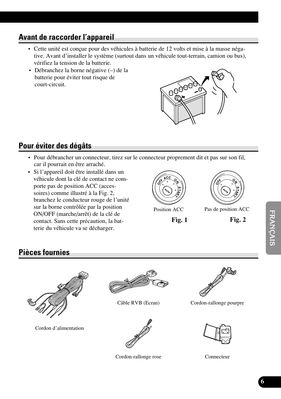 Avant de raccorder l’appareil, Pour éviter des dégâts, Pièces fournies | Fig. 2, Fig. 1 | Pioneer AVIC70S User Manual | Page 79 / 148