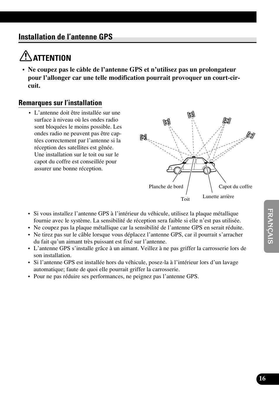 Installation de l’antenne gps, Attention, Remarques sur l’installation | Pièces fournies, Installation de l’antenne gps attention | Pioneer AVIC70S User Manual | Page 89 / 148