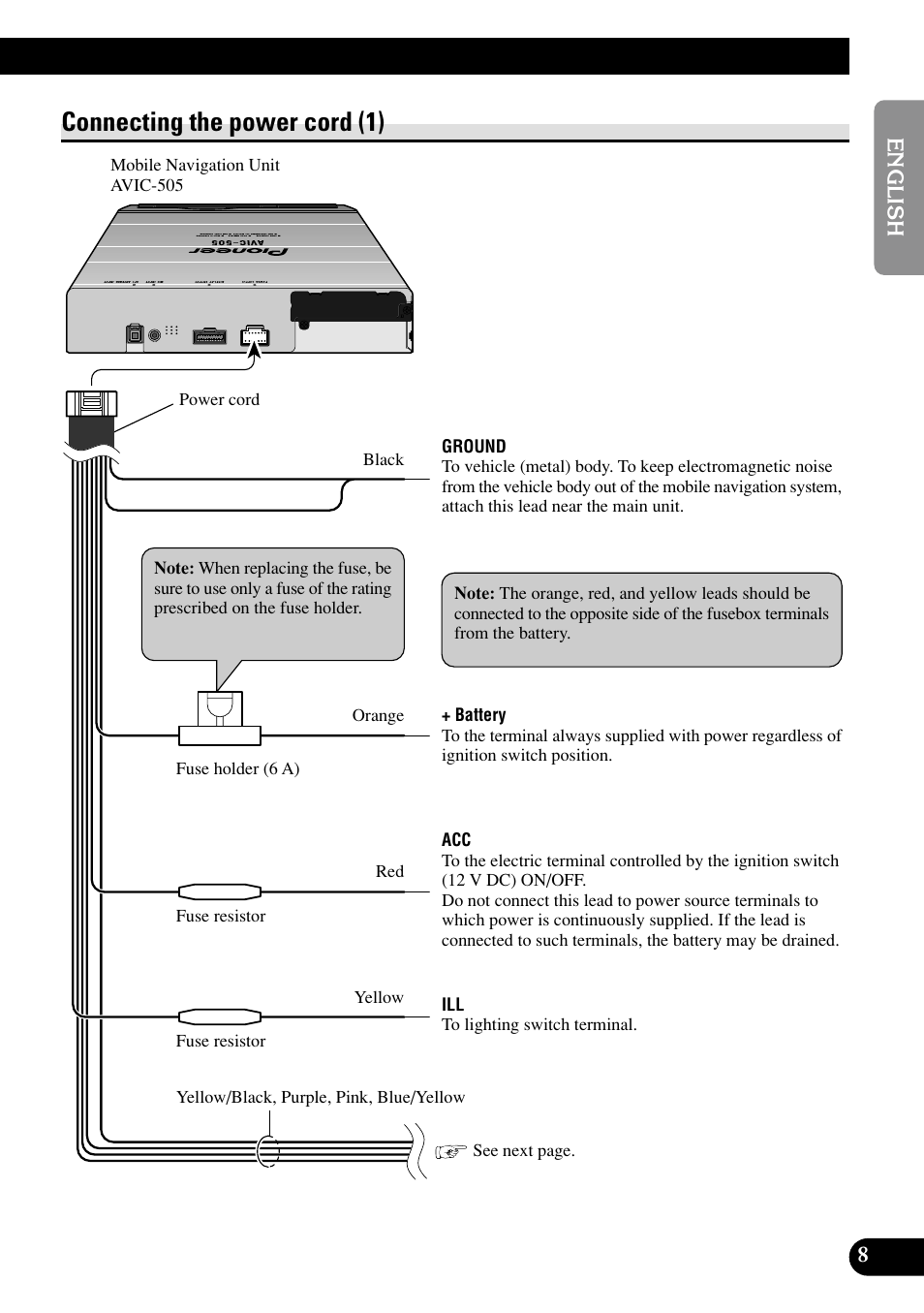Connecting the power cord (1) | Pioneer AVIC70S User Manual | Page 9 / 148