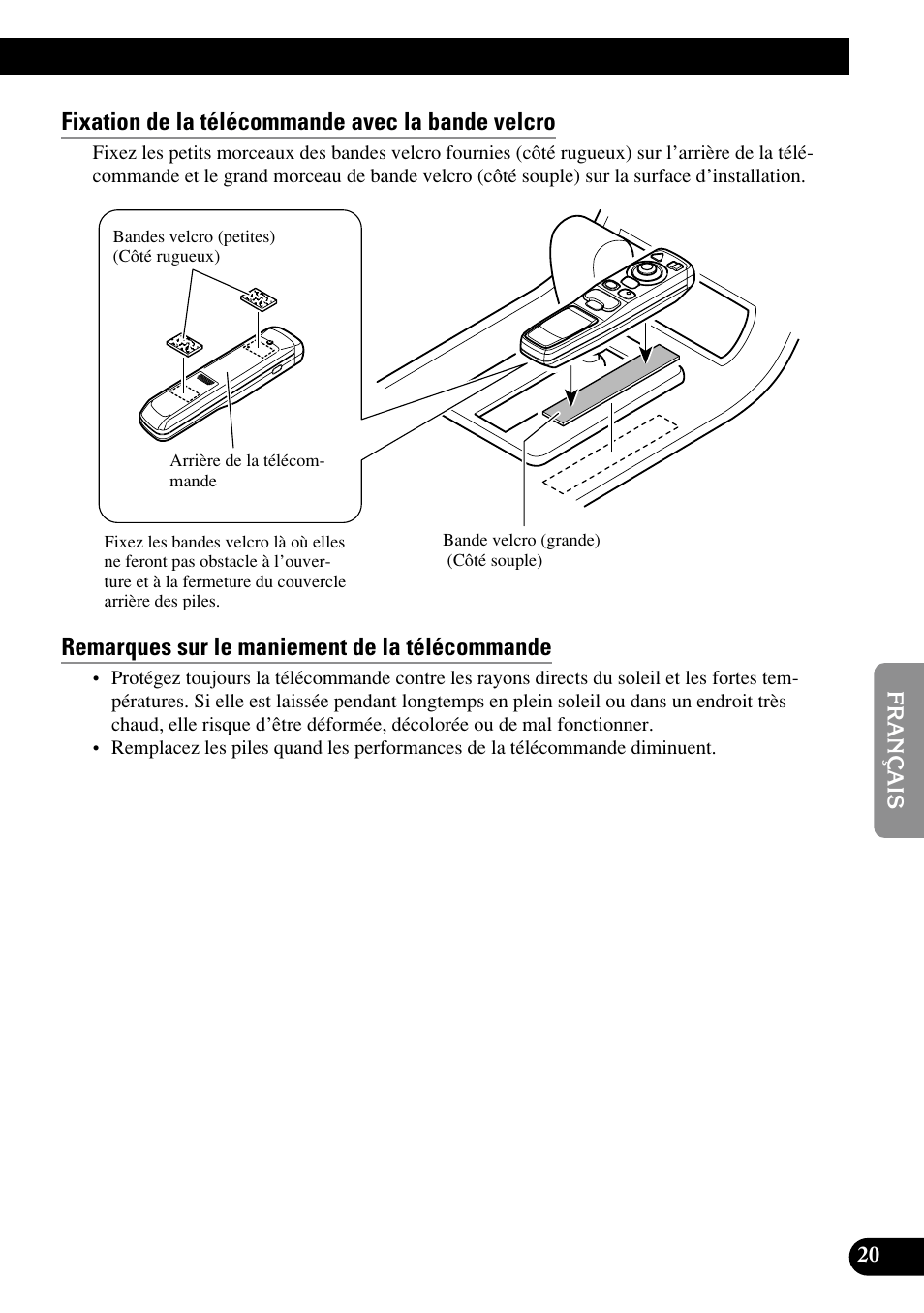 Fixation de la télécommande avec la bande velcro, Remarques sur le maniement de la télécommande | Pioneer AVIC70S User Manual | Page 93 / 148