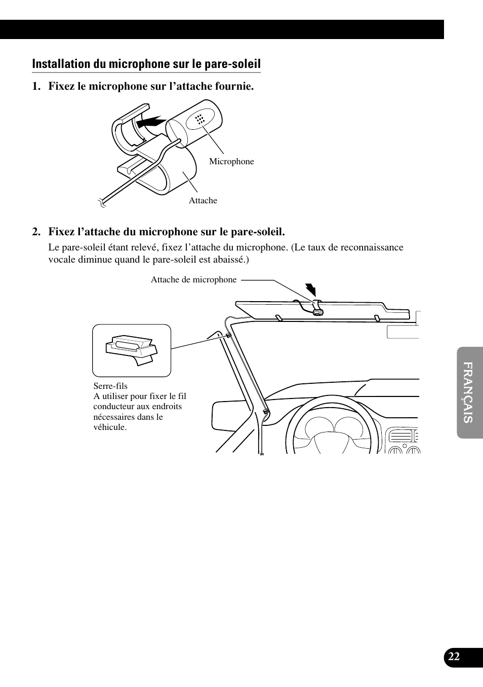 Installation du microphone sur le pare-soleil | Pioneer AVIC70S User Manual | Page 95 / 148
