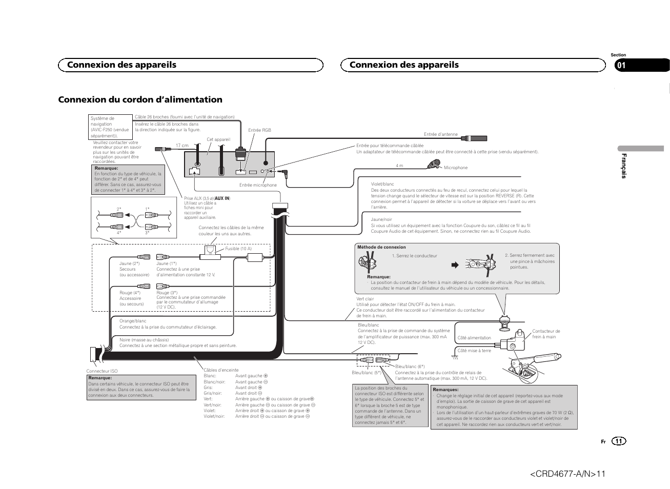 Connexion du cordon d ’alimentation, Connexion des appareils | Pioneer AVH-X7500BT User Manual | Page 11 / 52