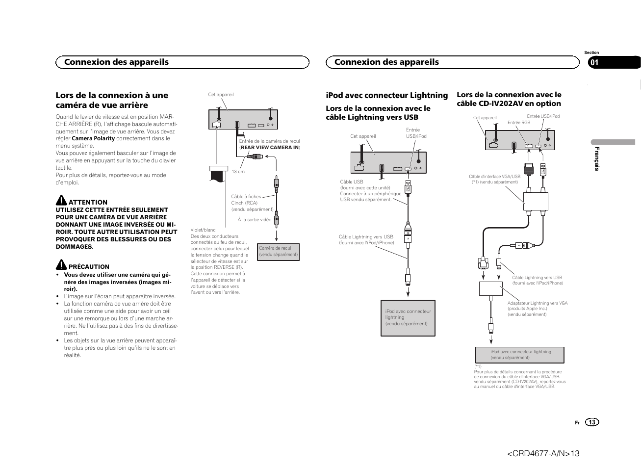 Lors de la connexion à une caméra de vue arrière, Ipod avec connecteur lightning, Connexion des appareils | Pioneer AVH-X7500BT User Manual | Page 13 / 52