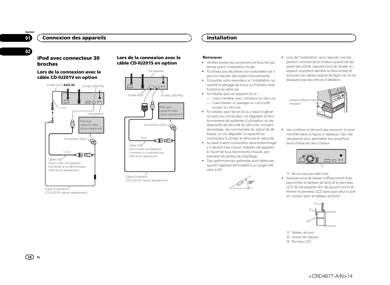 Ipod avec connecteur 30 broches, Connexion des appareils, Installation | Pioneer AVH-X7500BT User Manual | Page 14 / 52