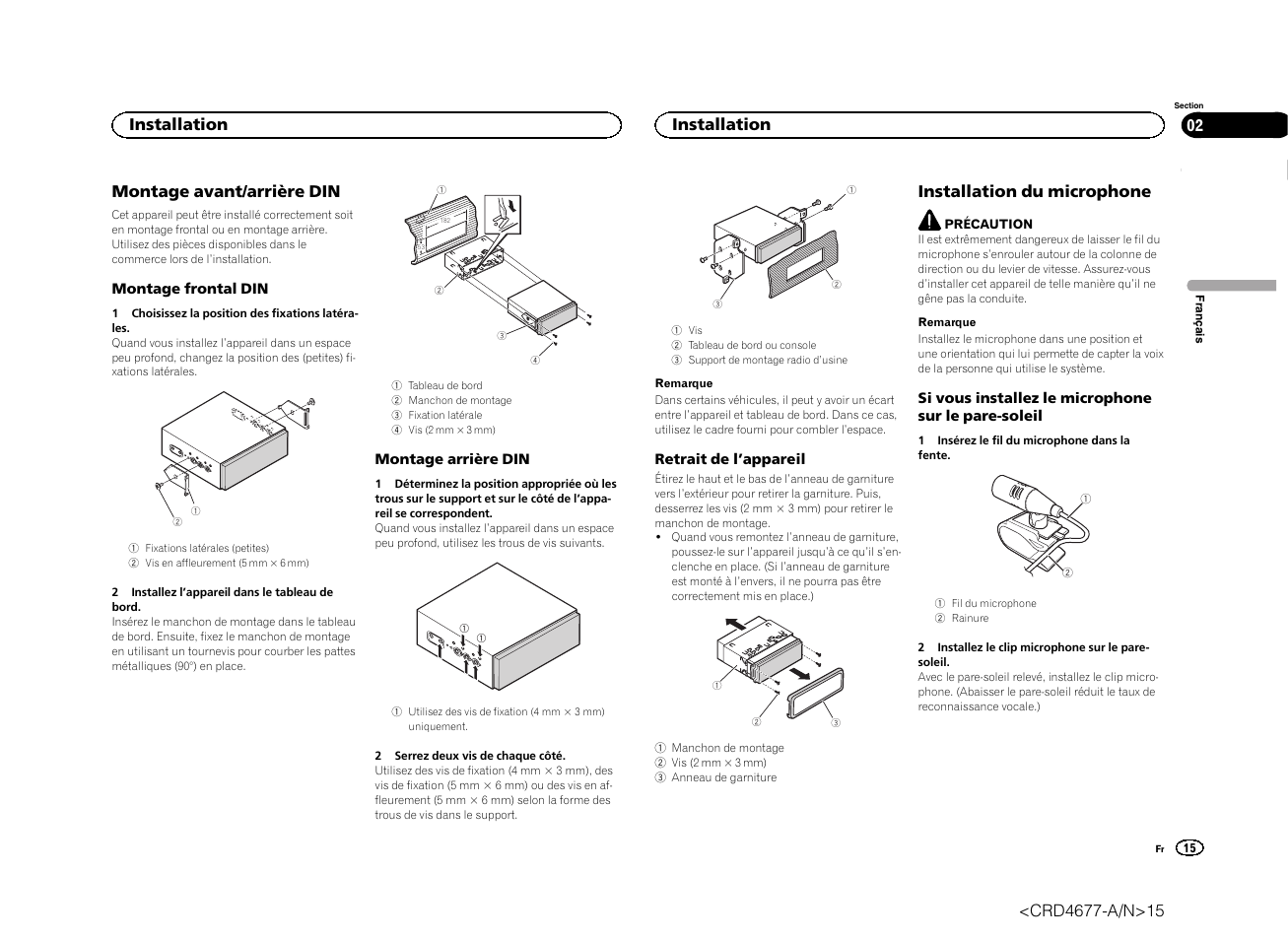 Montage avant/arrière din, Installation du microphone, Installation | Pioneer AVH-X7500BT User Manual | Page 15 / 52