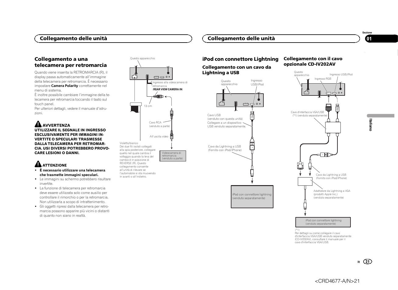 Collegamento a una telecamera per retromarcia, Ipod con connettore lightning, Collegamento delle unità | Pioneer AVH-X7500BT User Manual | Page 21 / 52