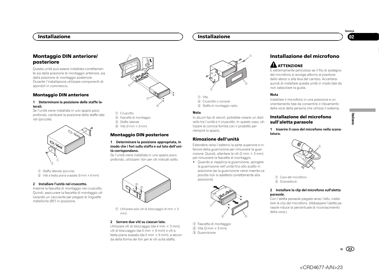 Montaggio din anteriore/ posteriore, Installazione del microfono, Installazione | Pioneer AVH-X7500BT User Manual | Page 23 / 52