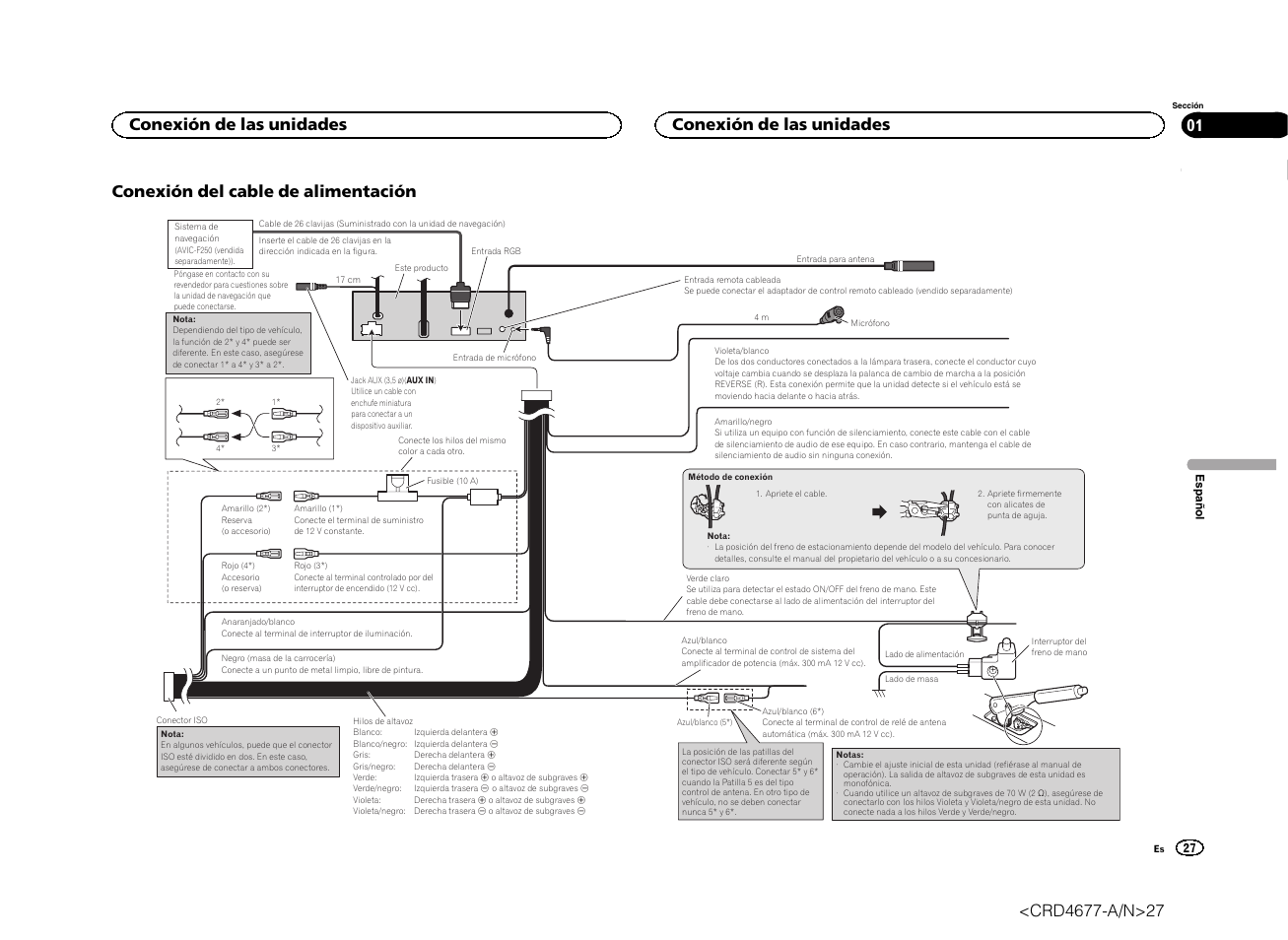 Conexión del cable de alimentación, Conexión de las unidades | Pioneer AVH-X7500BT User Manual | Page 27 / 52