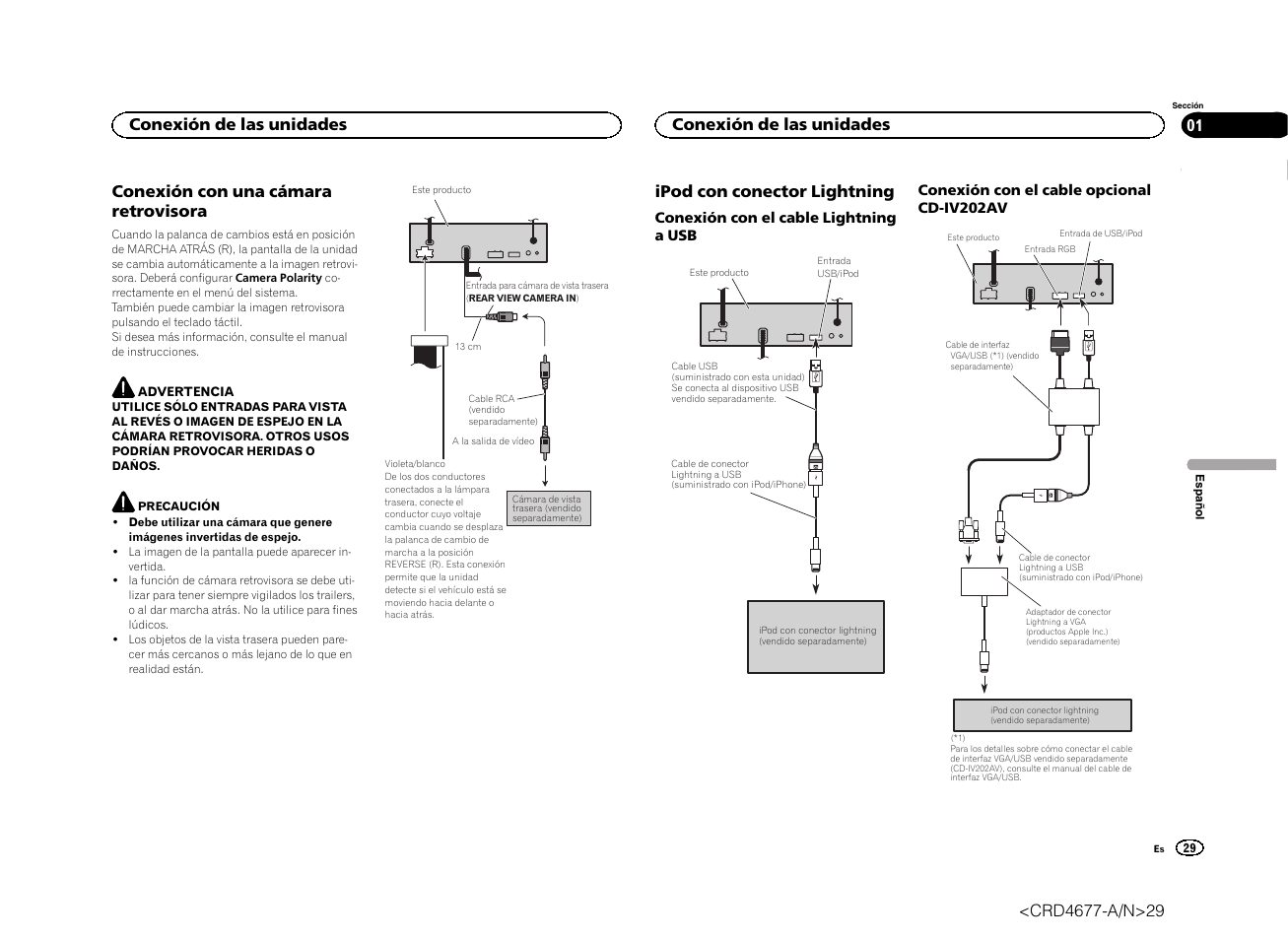 Conexión con una cámara retrovisora, Ipod con conector lightning, Conexión de las unidades | Pioneer AVH-X7500BT User Manual | Page 29 / 52