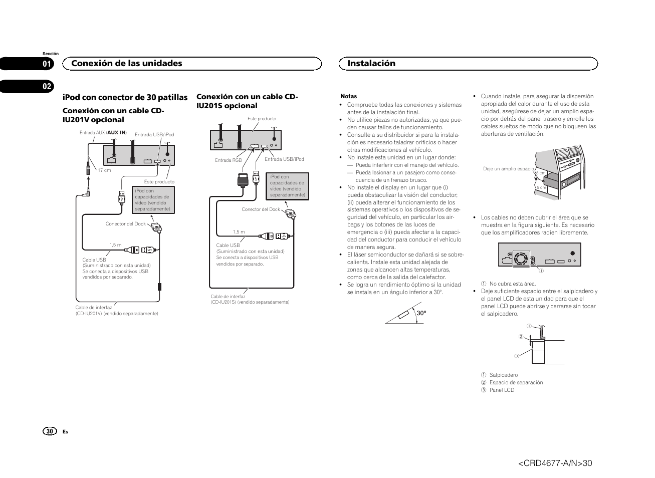 Ipod con conector de 30 patillas, Conexión de las unidades, Instalación | Pioneer AVH-X7500BT User Manual | Page 30 / 52