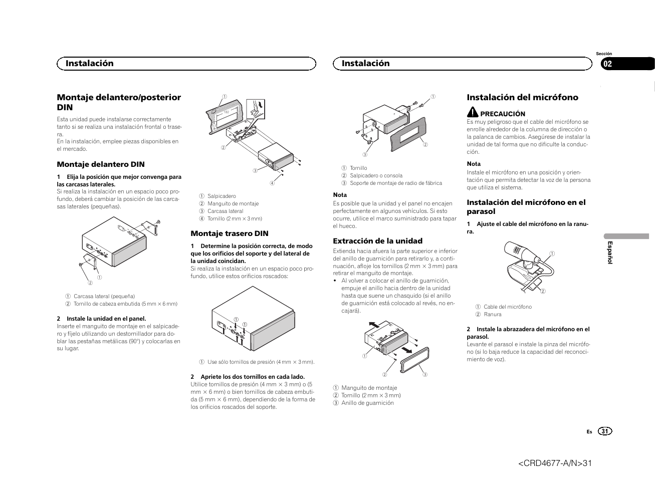 Montaje delantero/posterior din, Instalación del micrófono, Instalación | Pioneer AVH-X7500BT User Manual | Page 31 / 52
