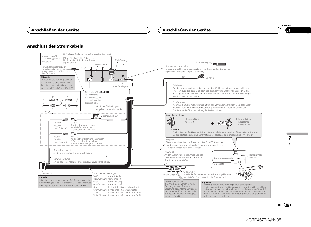 Anschluss des stromkabels, Anschließen der geräte | Pioneer AVH-X7500BT User Manual | Page 35 / 52