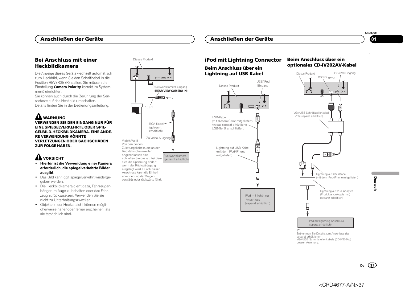 Bei anschluss mit einer heckbildkamera, Ipod mit lightning connector, Anschließen der geräte | Pioneer AVH-X7500BT User Manual | Page 37 / 52