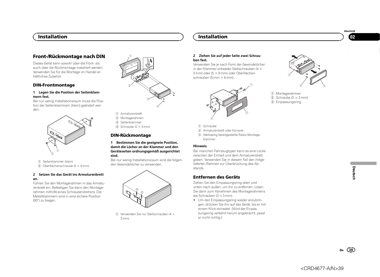 Front-/rückmontage nach din, Installation | Pioneer AVH-X7500BT User Manual | Page 39 / 52