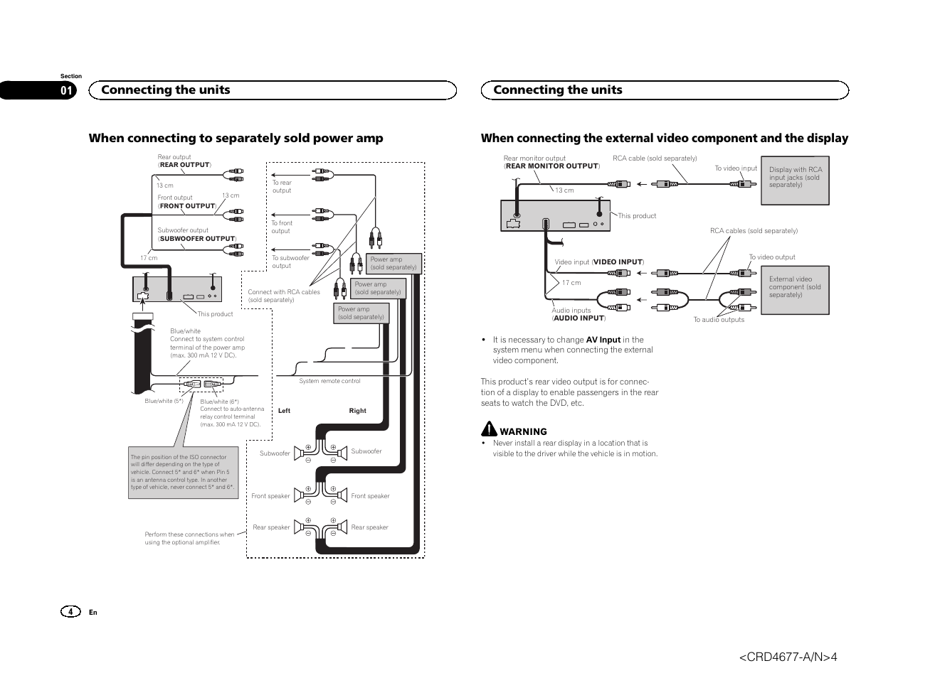 When connecting to separately sold power amp, Connecting the units | Pioneer AVH-X7500BT User Manual | Page 4 / 52