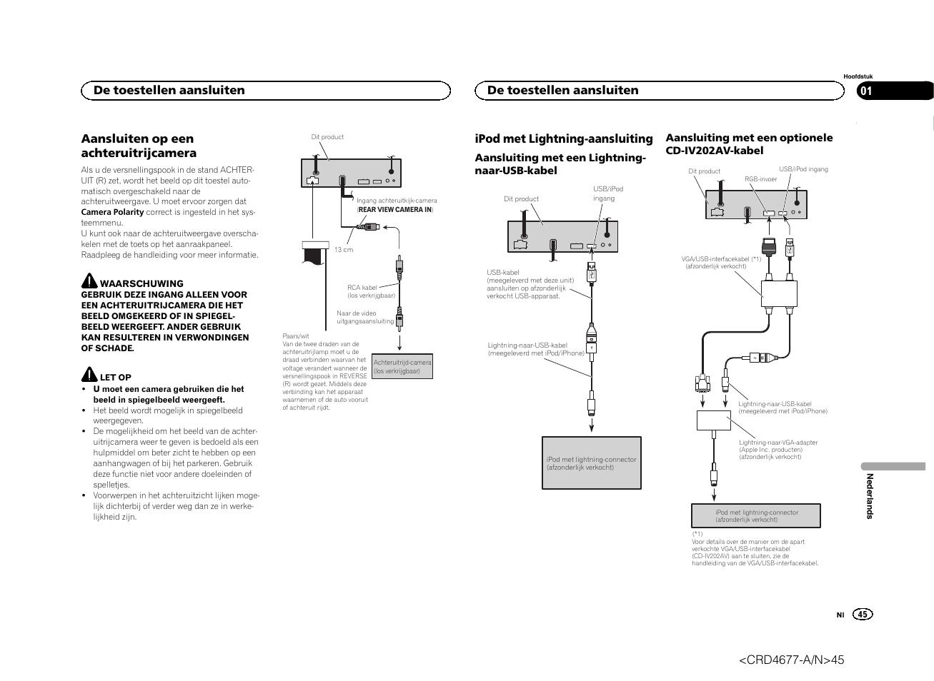 Aansluiten op een achteruitrijcamera, Ipod met lightning-aansluiting, De toestellen aansluiten | Pioneer AVH-X7500BT User Manual | Page 45 / 52