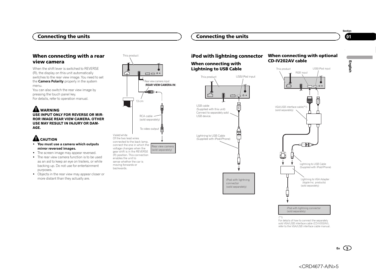 When connecting with a rear view camera, Ipod with lightning connector, Connecting the units | Pioneer AVH-X7500BT User Manual | Page 5 / 52