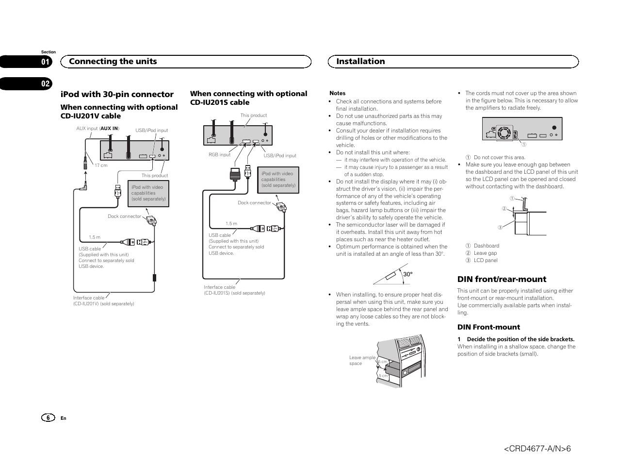Ipod with 30-pin connector, Din front/rear-mount, Connecting the units | Installation | Pioneer AVH-X7500BT User Manual | Page 6 / 52