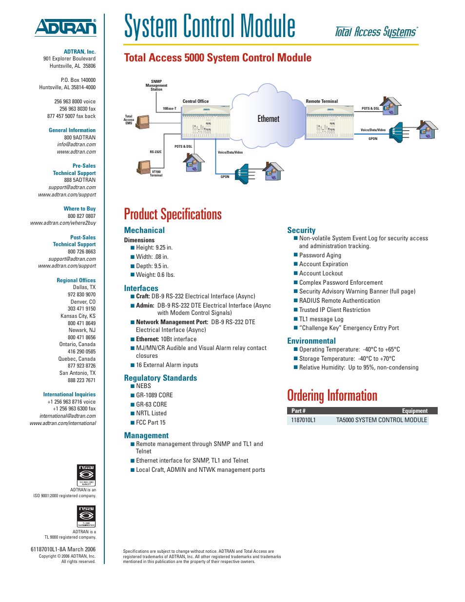 System control module, Product specifications, Ordering information | Total access 5000 system control module, Ethernet, Mechanical, Interfaces, Regulatory standards, Management, Security | ADTRAN Total Access 5000 User Manual | Page 2 / 2