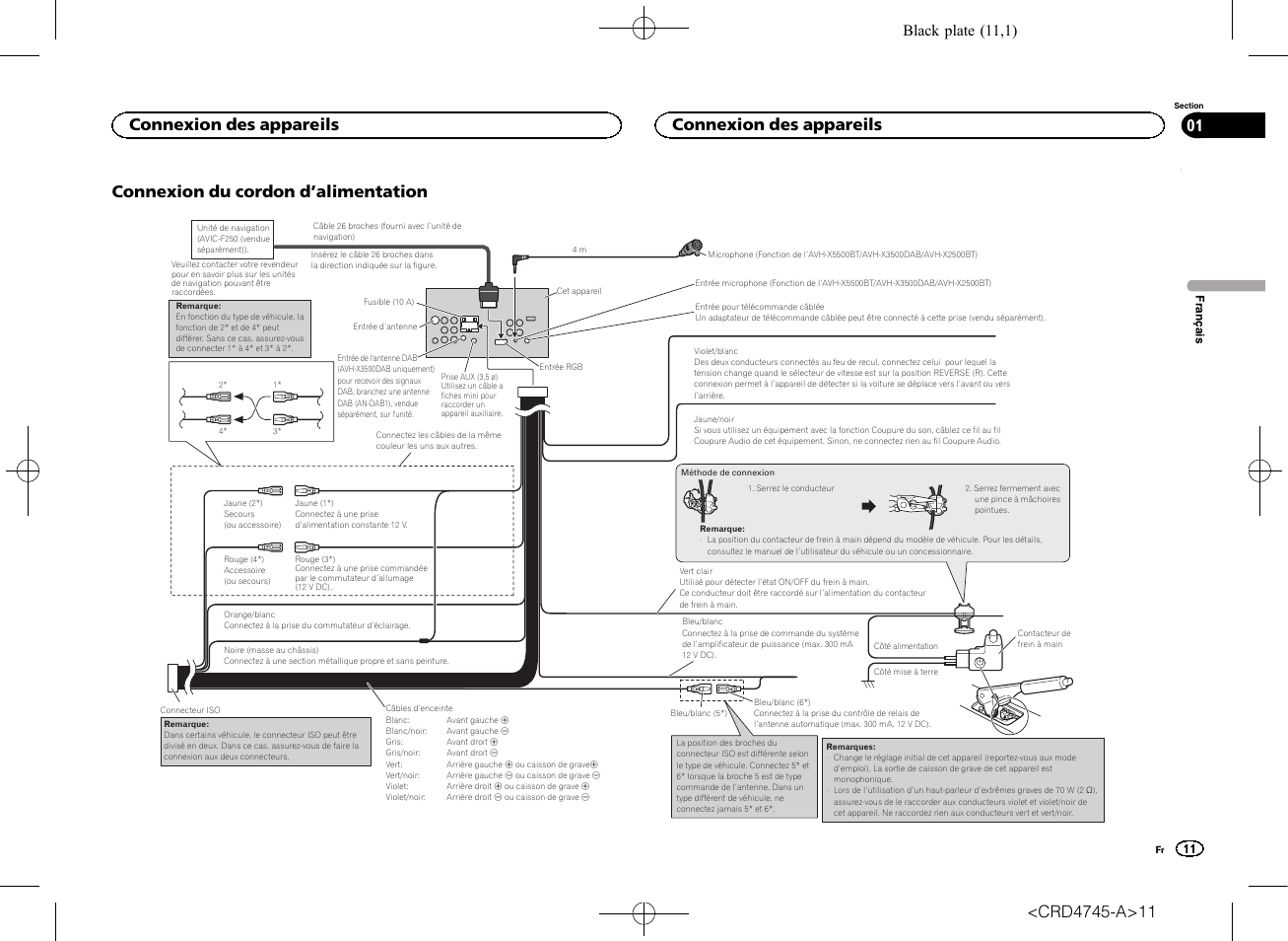 Connexion du cordon d ’alimentation, Connexion des appareils, Black plate (11,1) | Pioneer AVH-X5500BT User Manual | Page 11 / 52