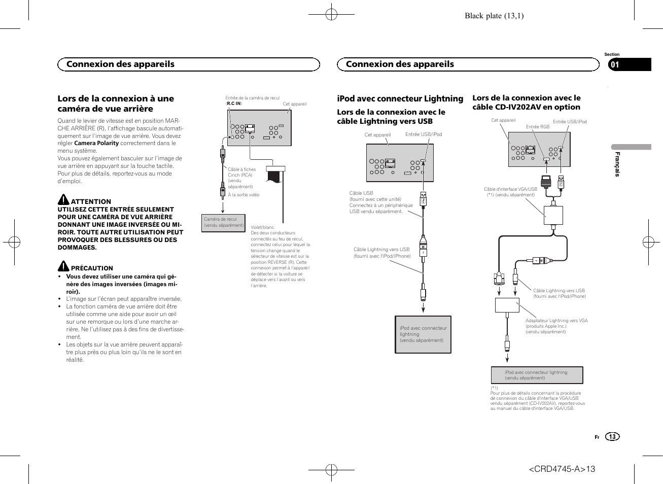 Lors de la connexion à une caméra de vue arrière, Ipod avec connecteur lightning, Connexion des appareils | Pioneer AVH-X5500BT User Manual | Page 13 / 52