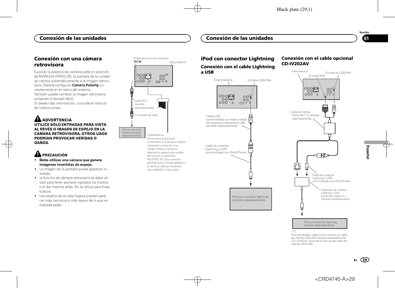 Conexión con una cámara retrovisora, Ipod con conector lightning, Conexión de las unidades | Pioneer AVH-X5500BT User Manual | Page 29 / 52