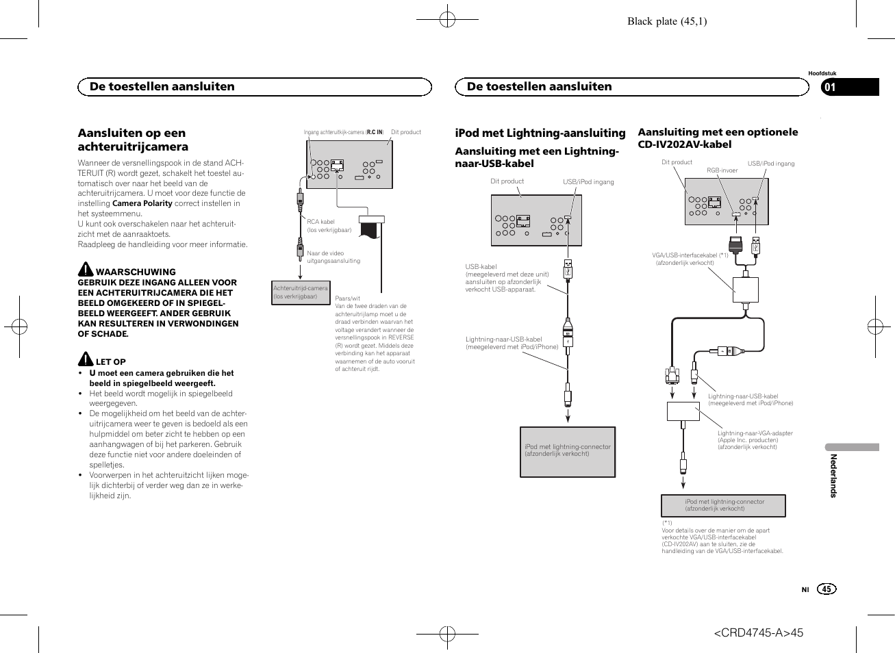 Aansluiten op een achteruitrijcamera, Ipod met lightning-aansluiting, De toestellen aansluiten | Pioneer AVH-X5500BT User Manual | Page 45 / 52