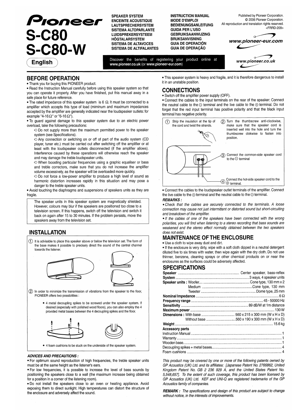 Pioneer S-C80 User Manual | 8 pages