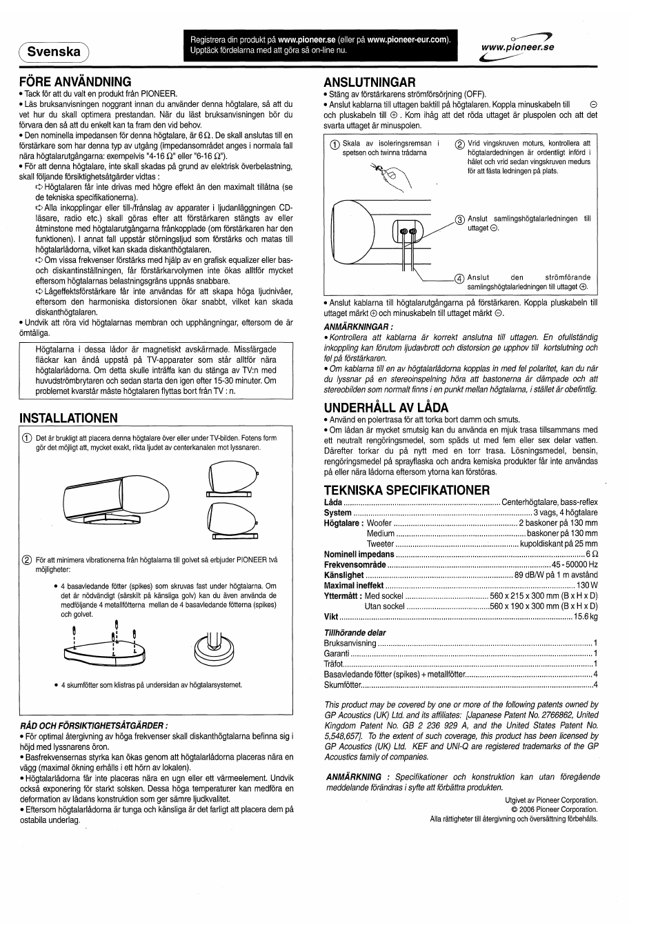 Fore anvandning, Installationen, Anslutningar | Underhàll av làda, Tekniska specifikationer, Svenska | Pioneer S-C80 User Manual | Page 2 / 8