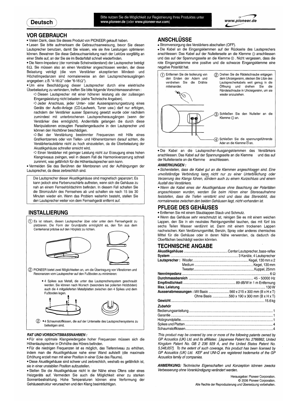 Vor gebrauch, Installierung, Anschlüsse | Pflege des gehäuses, Technische angabe, Deutsch | Pioneer S-C80 User Manual | Page 3 / 8