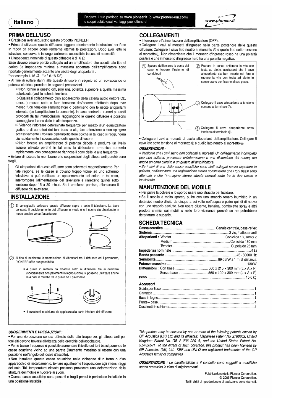 Prima dell'uso, Installazione, Collegamenti | Manutenzione del mobile, Scheda tecnica, Italiano | Pioneer S-C80 User Manual | Page 4 / 8