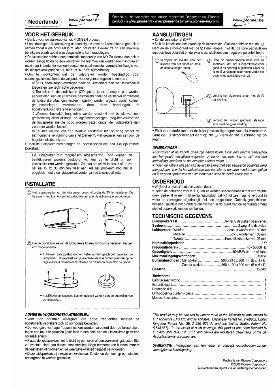 Voor нет gebruik, Installate, Aansluitingen | Onderhoud, Technische gegevens, Nederlands ) | Pioneer S-C80 User Manual | Page 5 / 8