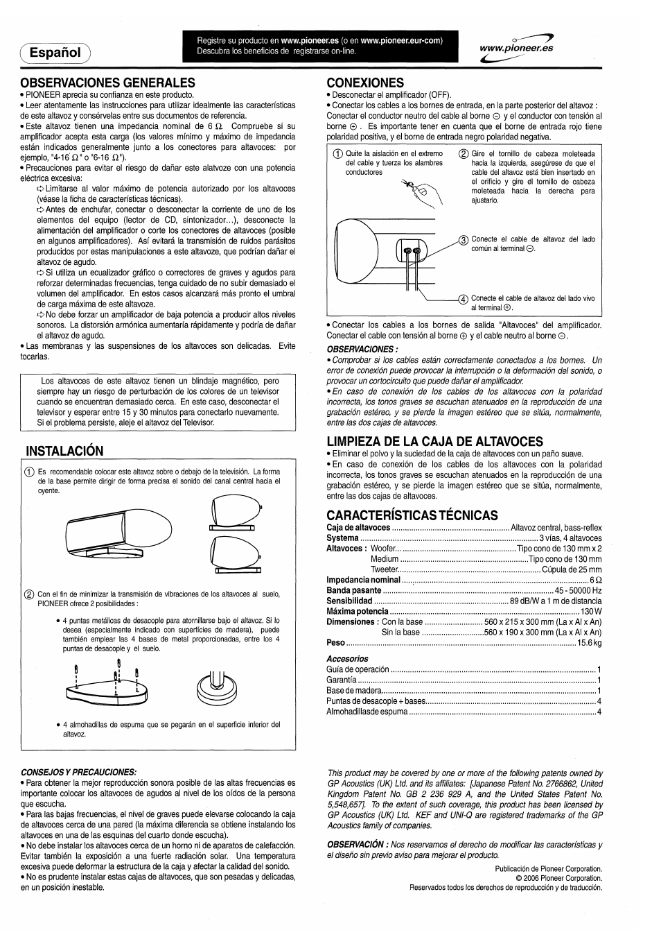 Observaciones generales, Instalacion, Conexiones | Limpieza de la caja de altavoces, Características técnicas, Español | Pioneer S-C80 User Manual | Page 6 / 8