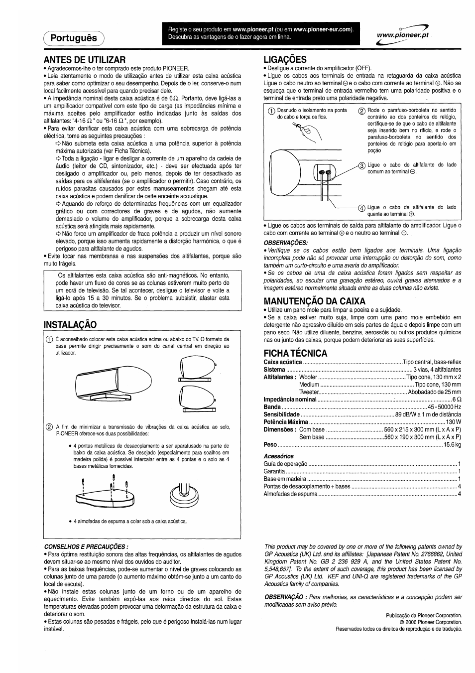 Antes de utilizar, Instalaçà0, Ligagóes | Manutençâo da caixa, Ficha técnica, Portugués | Pioneer S-C80 User Manual | Page 7 / 8