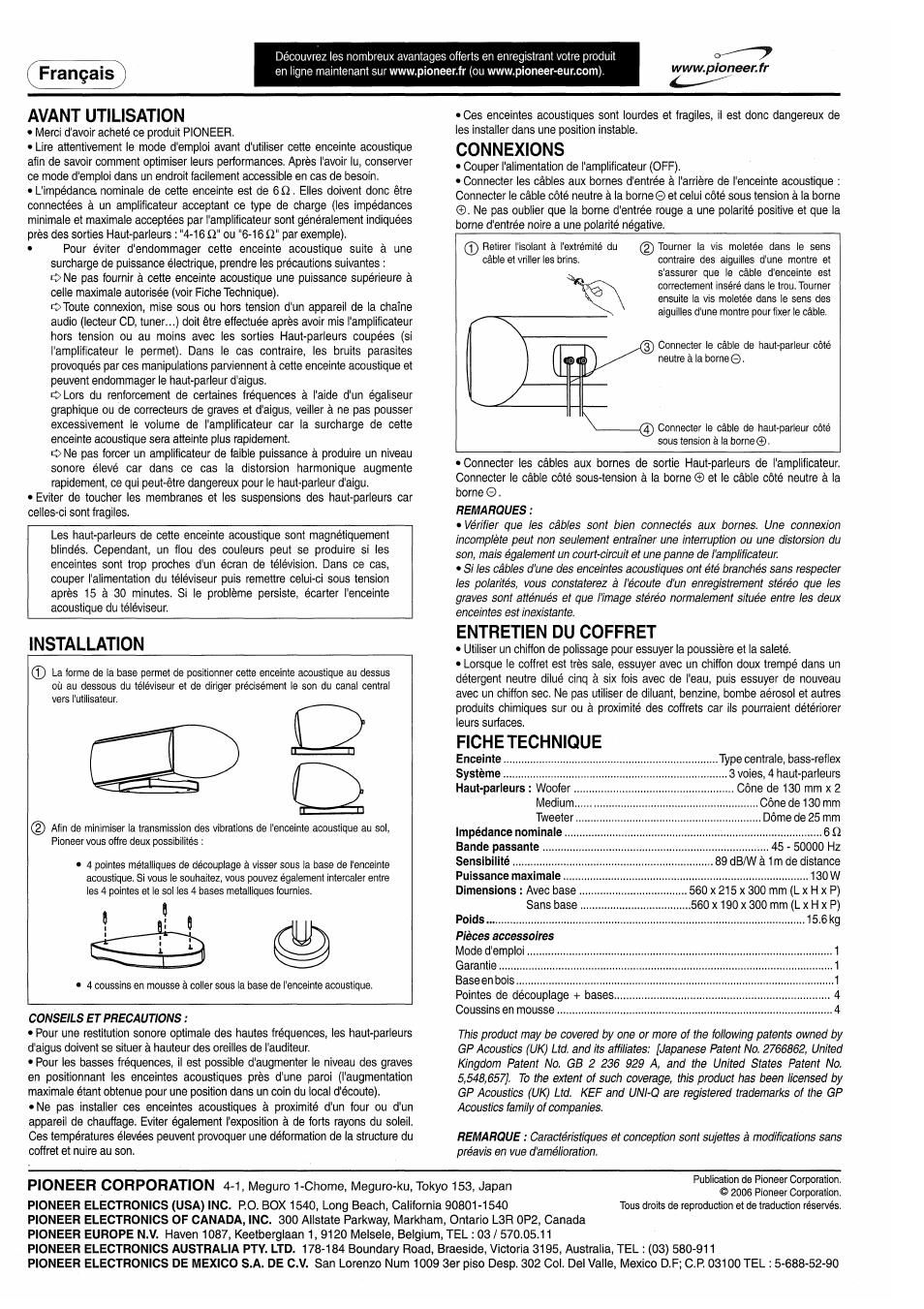 Avant utilisation, Installation, Connexions | Entretien du coffret, Fiche technique, Français, Pioneer corporation | Pioneer S-C80 User Manual | Page 8 / 8