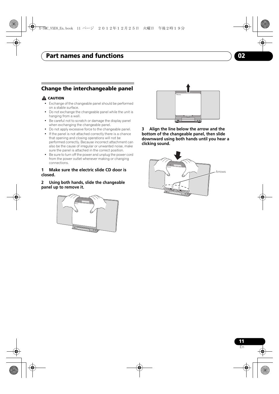 Change the interchangeable panel, Part names and functions 02 | Pioneer X-SMC00 User Manual | Page 11 / 36