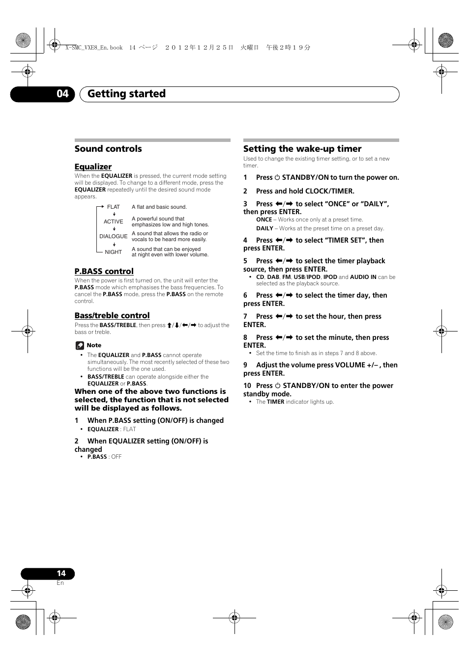 Sound controls, Equalizer, P.bass control | Bass/treble control, Setting the wake-up timer, Getting started 04 | Pioneer X-SMC00 User Manual | Page 14 / 36