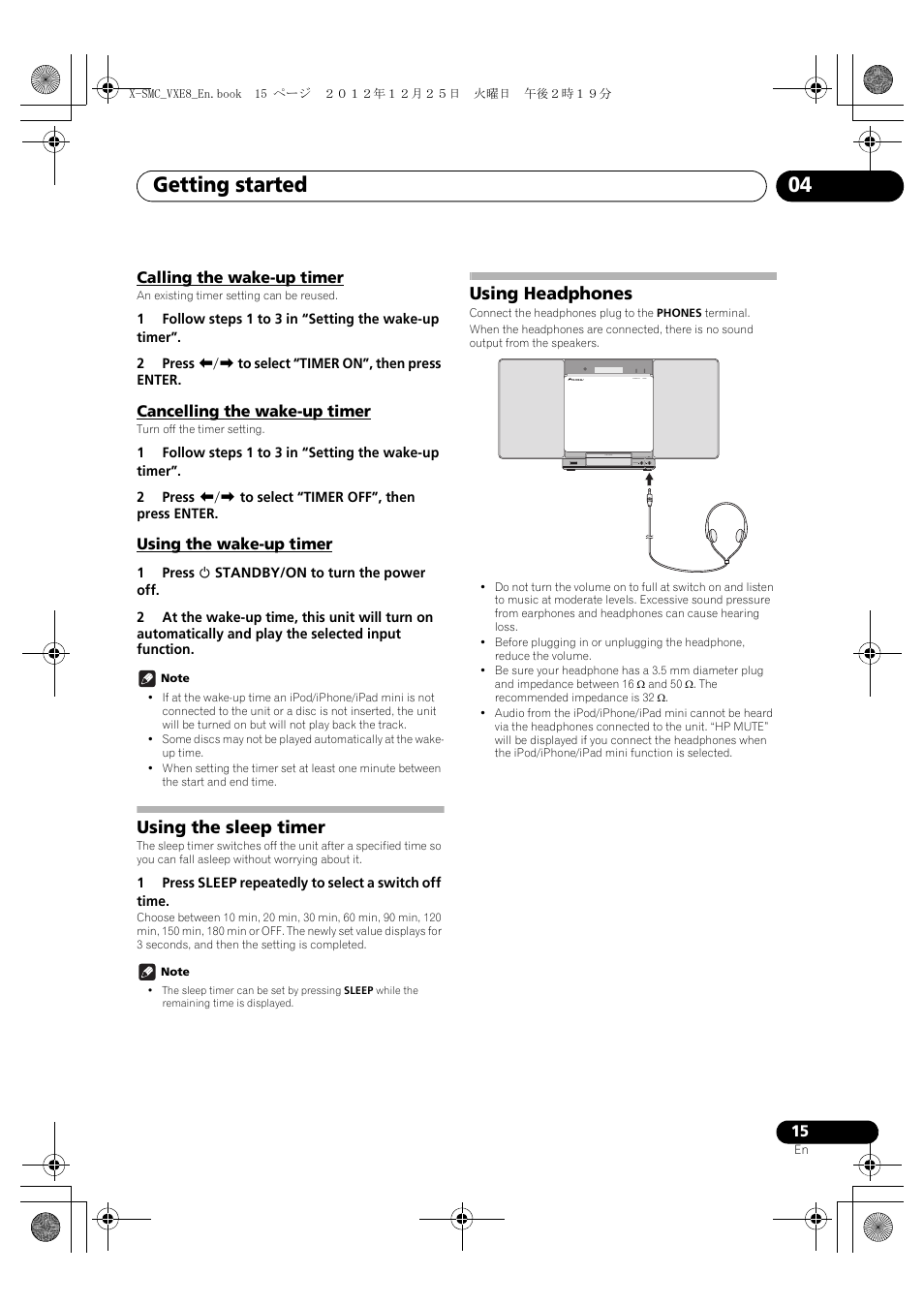 Calling the wake-up timer, Cancelling the wake-up timer, Using the wake-up timer | Using the sleep timer, Using headphones, Getting started 04 | Pioneer X-SMC00 User Manual | Page 15 / 36