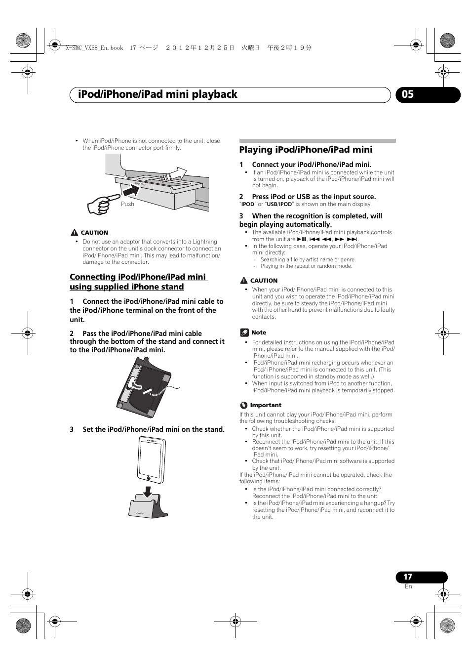 Stand, Playing ipod/iphone/ipad mini, Ipod/iphone/ipad mini playback 05 | Pioneer X-SMC00 User Manual | Page 17 / 36