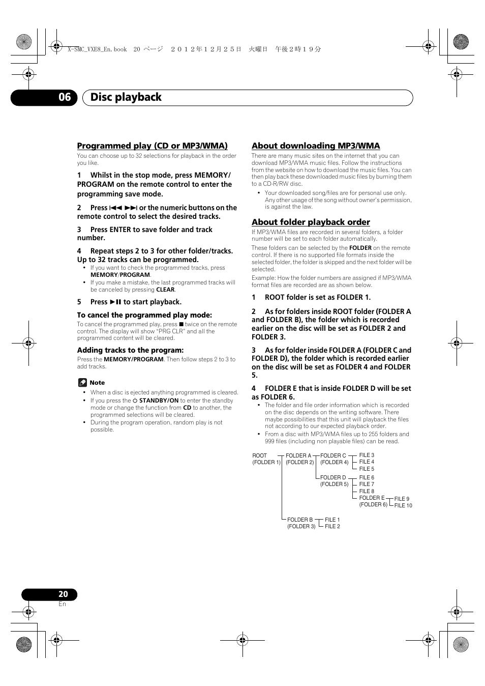 Programmed play (cd or mp3/wma), About downloading mp3/wma, About folder playback order | Disc playback 06 | Pioneer X-SMC00 User Manual | Page 20 / 36