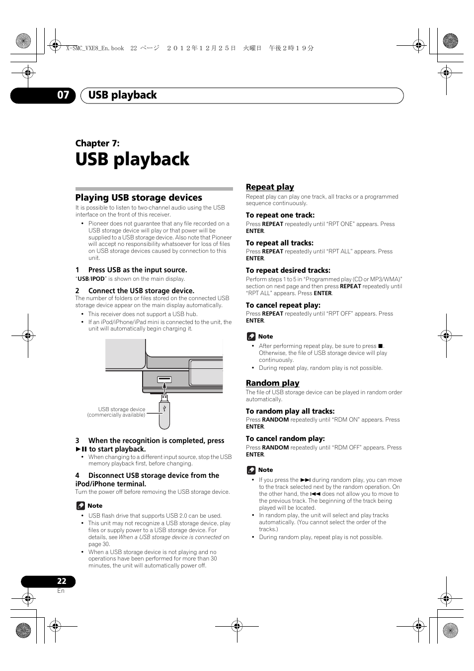07 usb playback, Playing usb storage devices, Repeat play | Random play, Usb playback, Usb playback 07, Chapter 7 | Pioneer X-SMC00 User Manual | Page 22 / 36