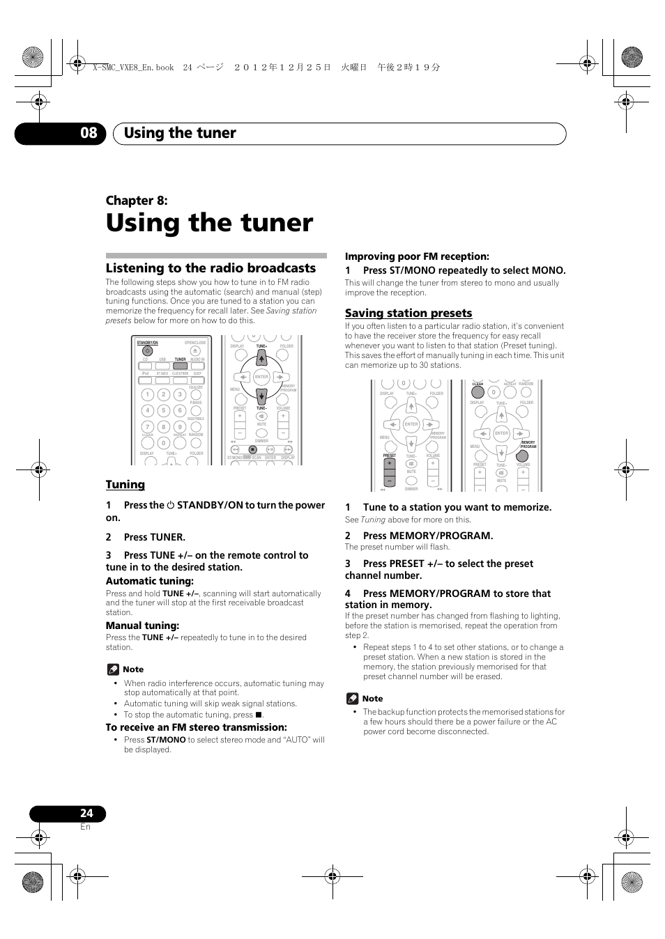 08 using the tuner, Listening to the radio broadcasts, Tuning | Saving station presets, Using the tuner, Using the tuner 08, Chapter 8, Manual tuning | Pioneer X-SMC00 User Manual | Page 24 / 36