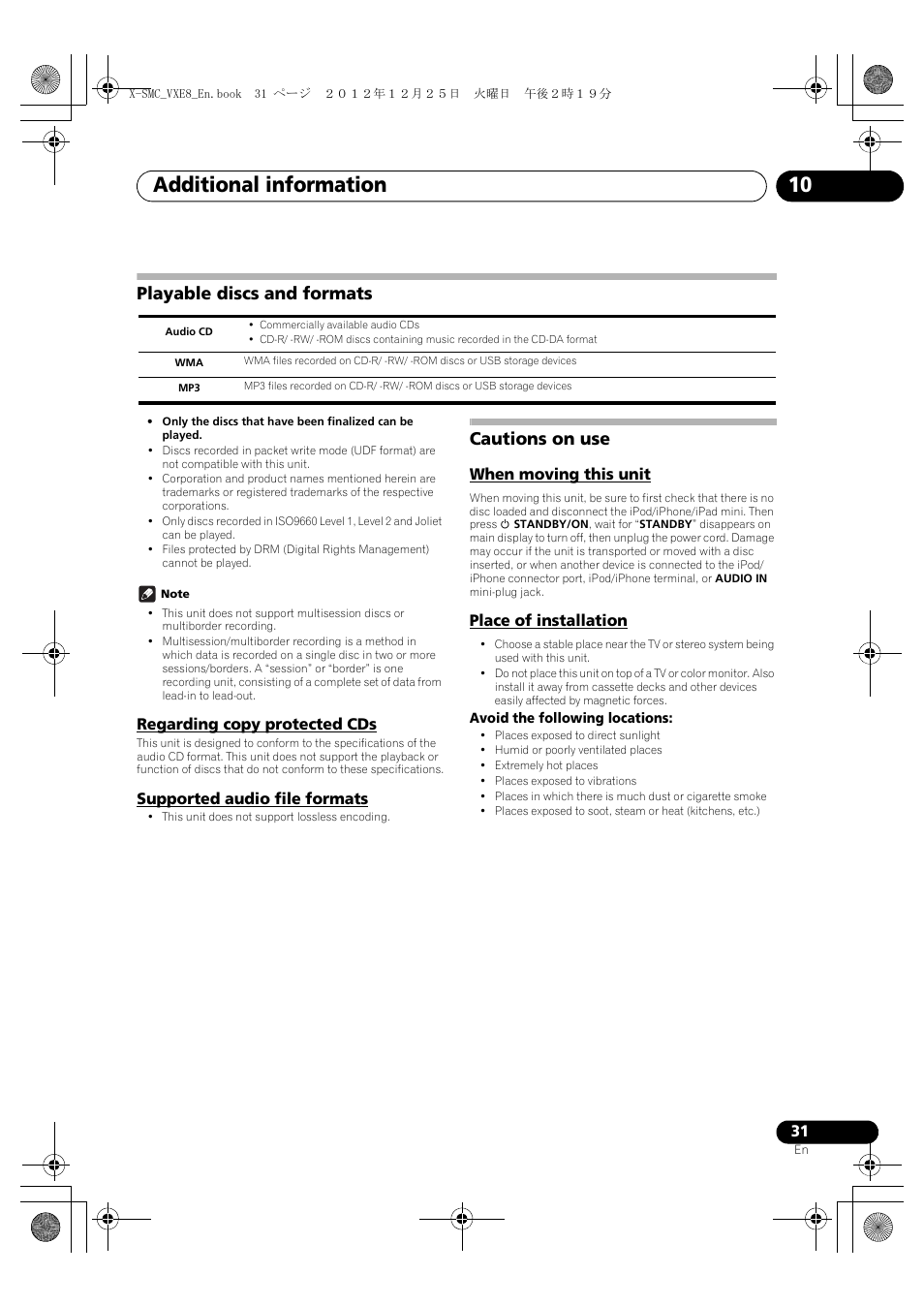 Playable discs and formats, Regarding copy protected cds, Supported audio file formats | Cautions on use, When moving this unit, Place of installation, Additional information 10 | Pioneer X-SMC00 User Manual | Page 31 / 36
