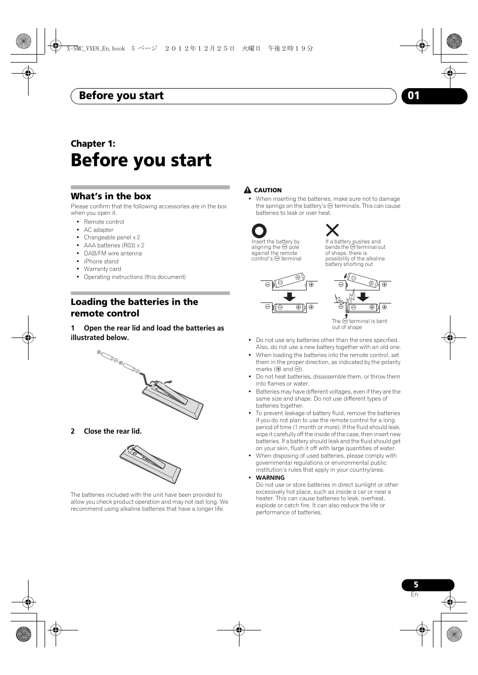 01 before you start, What’s in the box, Loading the batteries in the remote control | Before you start, Before you start 01, Chapter 1 | Pioneer X-SMC00 User Manual | Page 5 / 36