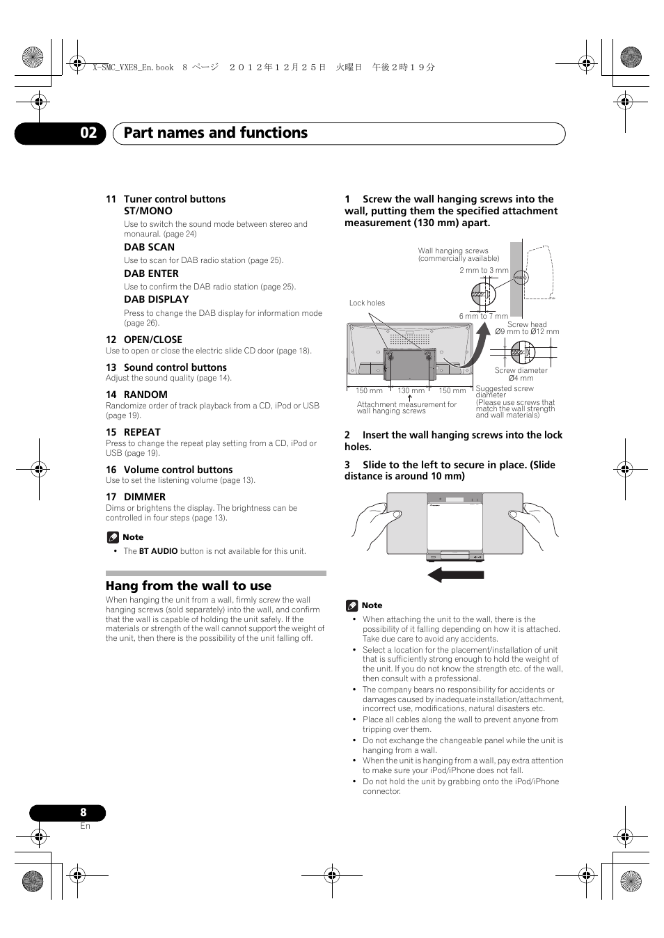 Hang from the wall to use, Part names and functions 02 | Pioneer X-SMC00 User Manual | Page 8 / 36