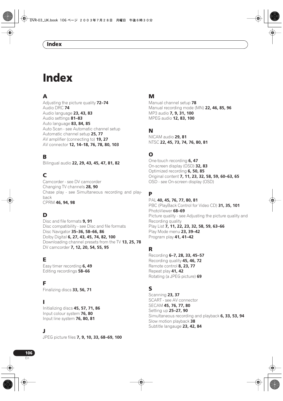 Index | Pioneer DVR-3100-S User Manual | Page 106 / 108