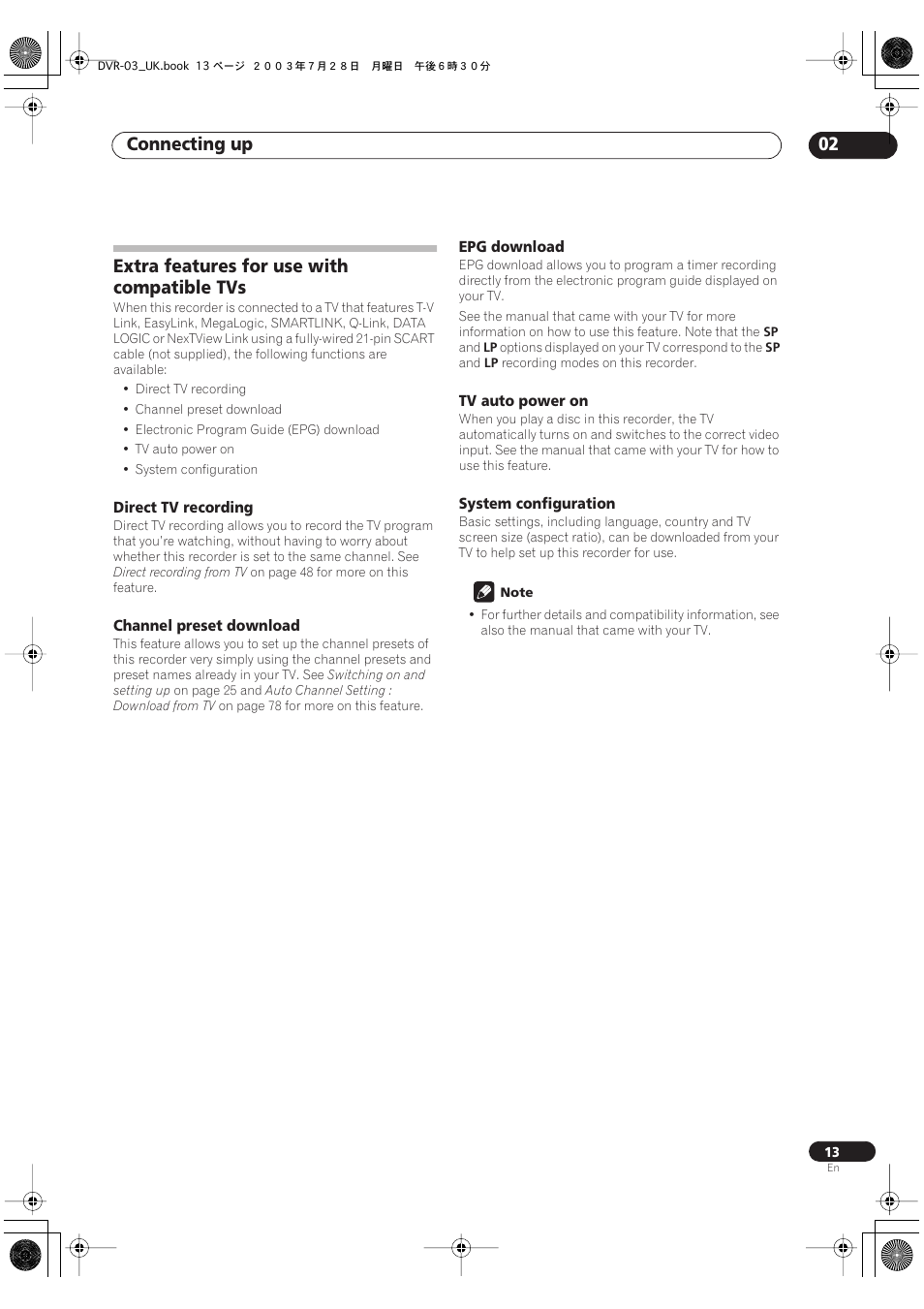 Extra features for use with compatible tvs, Connecting up 02 | Pioneer DVR-3100-S User Manual | Page 13 / 108