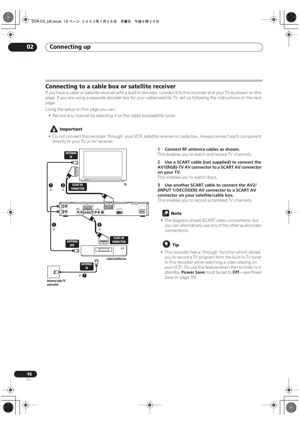 Connecting to a cable box or satellite receiver, Connecting up 02 | Pioneer DVR-3100-S User Manual | Page 16 / 108