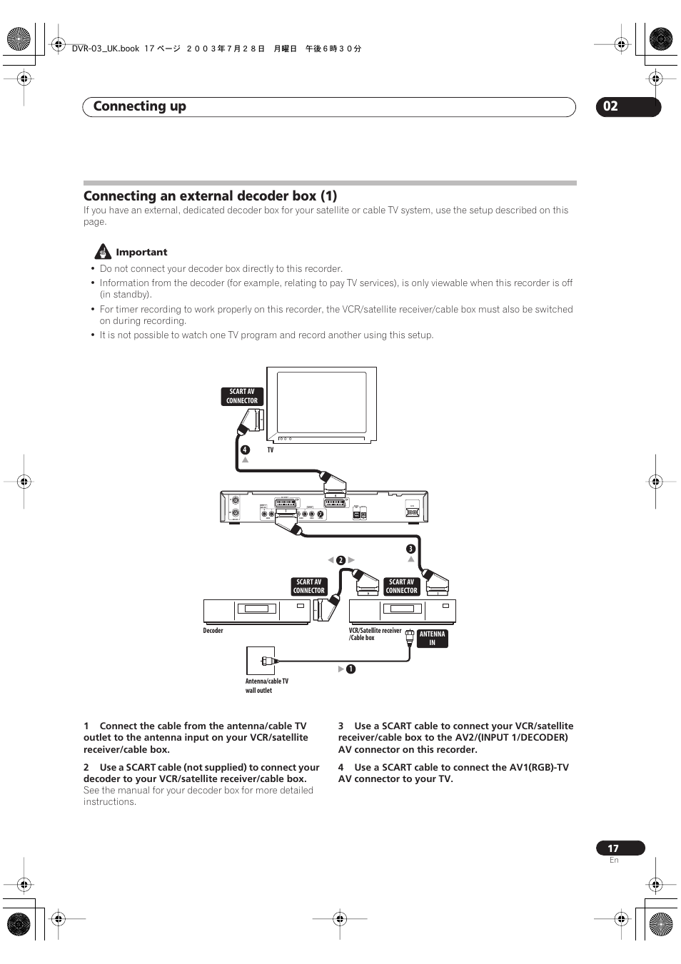 Connecting an external decoder box (1), Connecting up 02, Important | Pioneer DVR-3100-S User Manual | Page 17 / 108