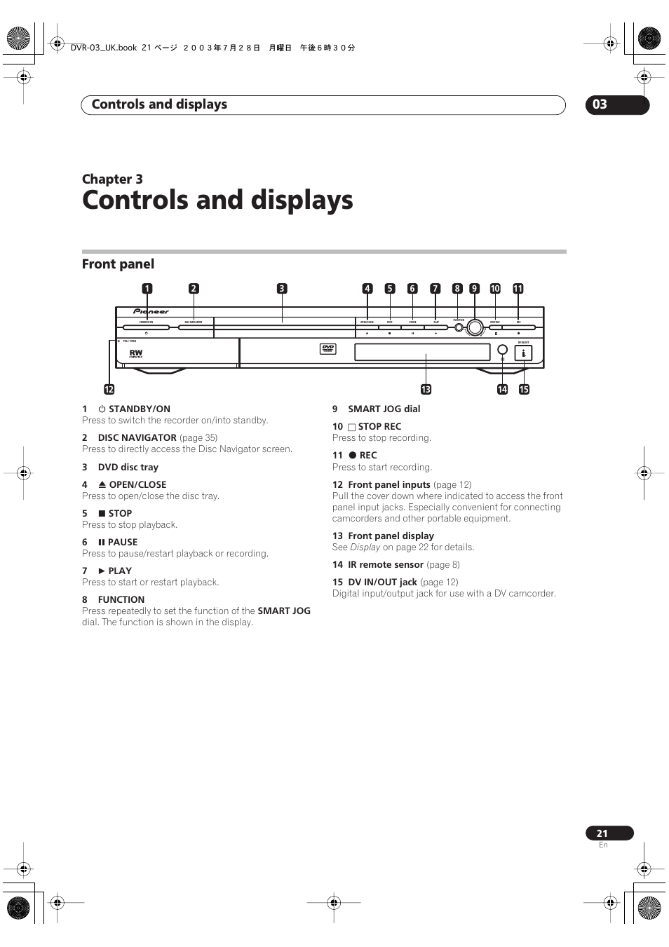 03 controls and displays, Front panel, Controls and displays | Controls and displays 03, Chapter 3 | Pioneer DVR-3100-S User Manual | Page 21 / 108